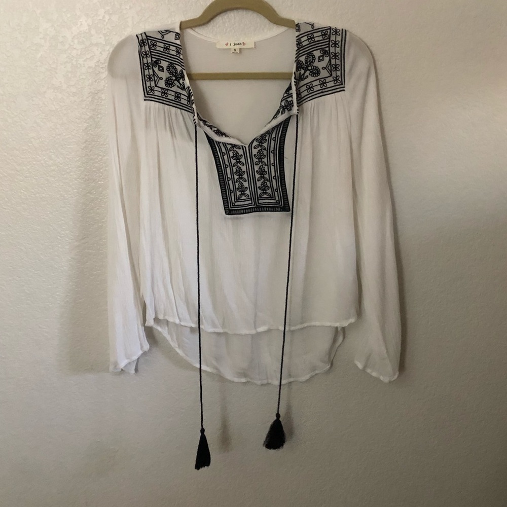 Black and White Peasant Top with Tassels